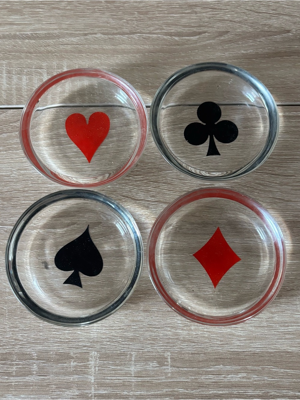Set of 4 - Vintage Glass Coasters with Card Suit Designs - Red & Black
